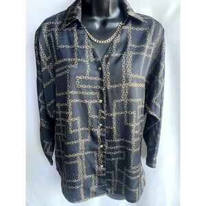 Phardi European Satin Black Button Down Blouse Chains Equestrian Formal Office 8